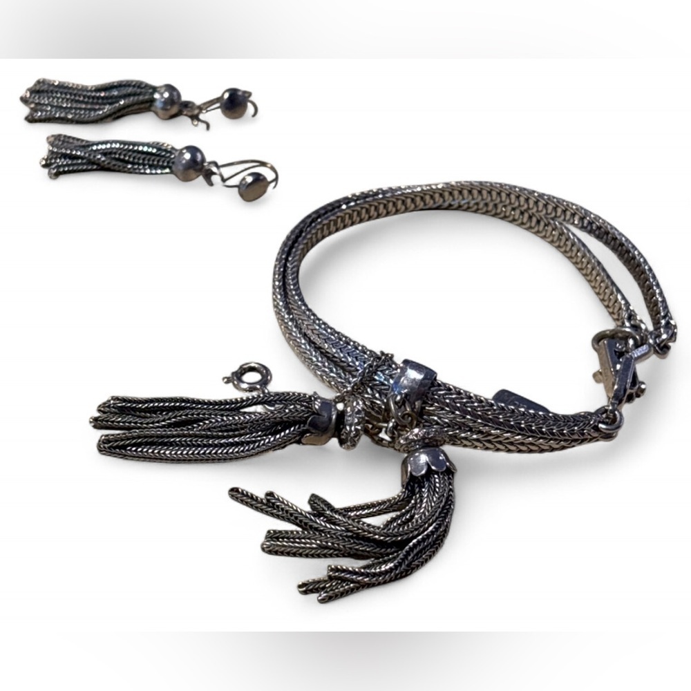 Vintage Monet Silver Tassle Jewelry Bracelet and Earring Set